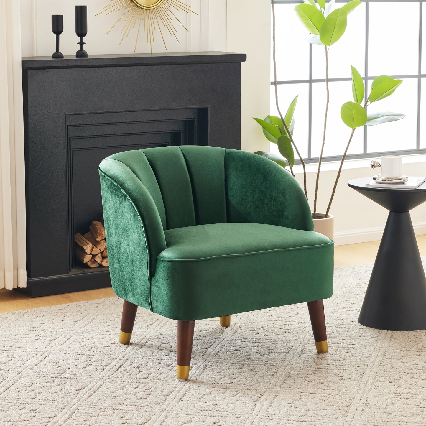 Velvet Barrel Accent Chair with Wooden Legs – Emerald