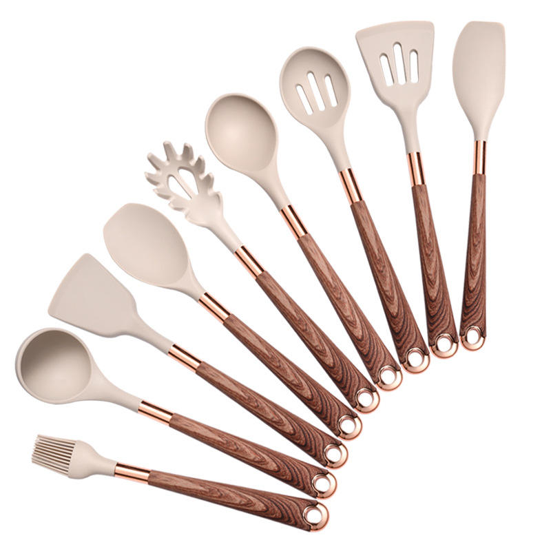 10-Piece Kitchen Silicone Utensil Set with Wooden Handles