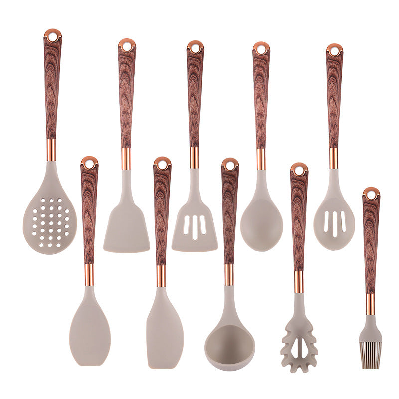 10-Piece Kitchen Silicone Utensil Set with Wooden Handles