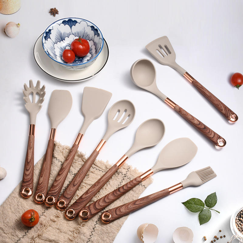 10-Piece Kitchen Silicone Utensil Set with Wooden Handles