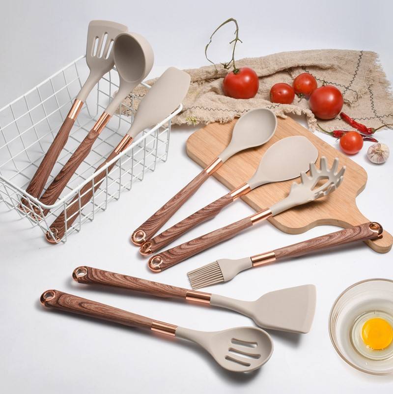 10-Piece Kitchen Silicone Utensil Set with Wooden Handles