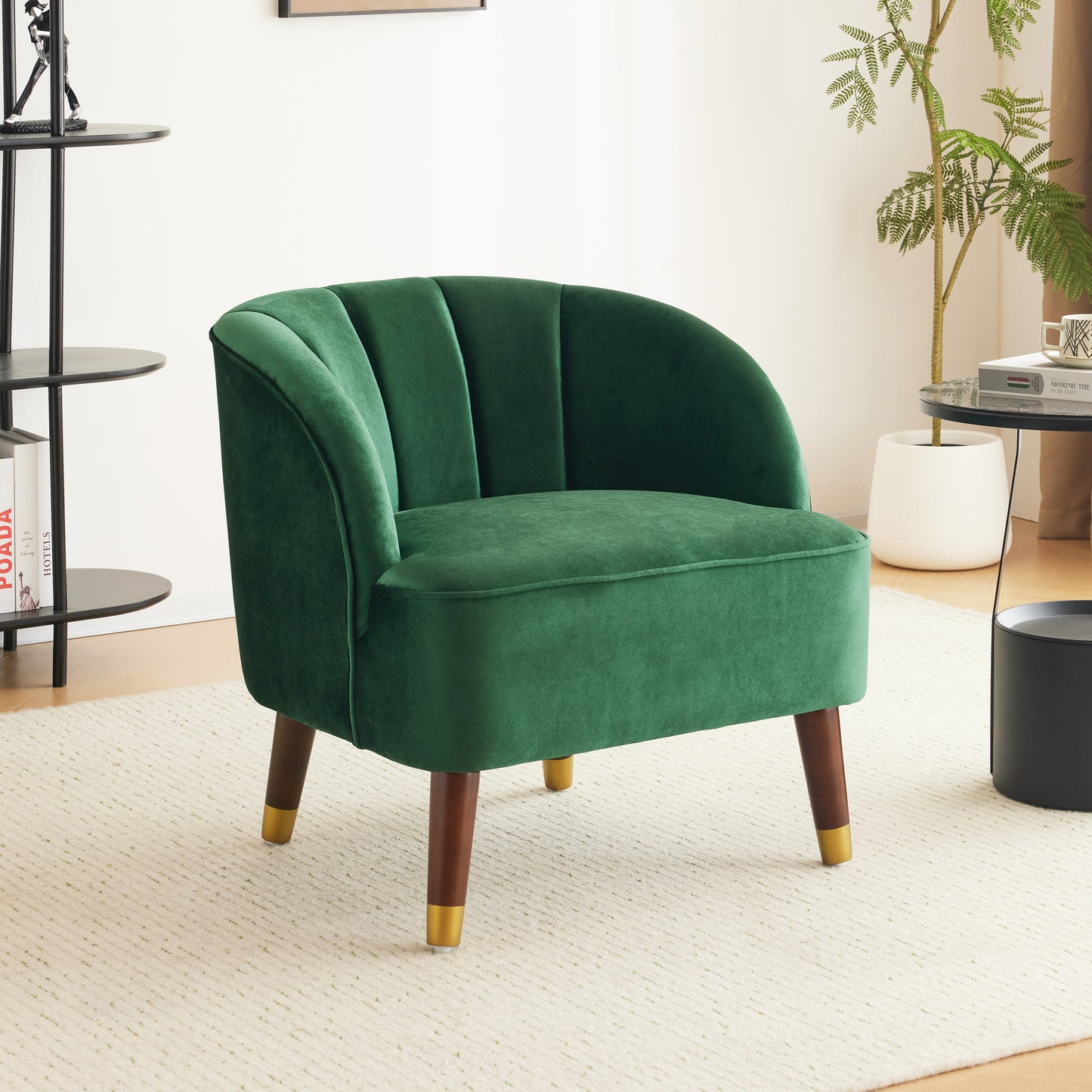 Velvet Barrel Accent Chair with Wooden Legs – Emerald