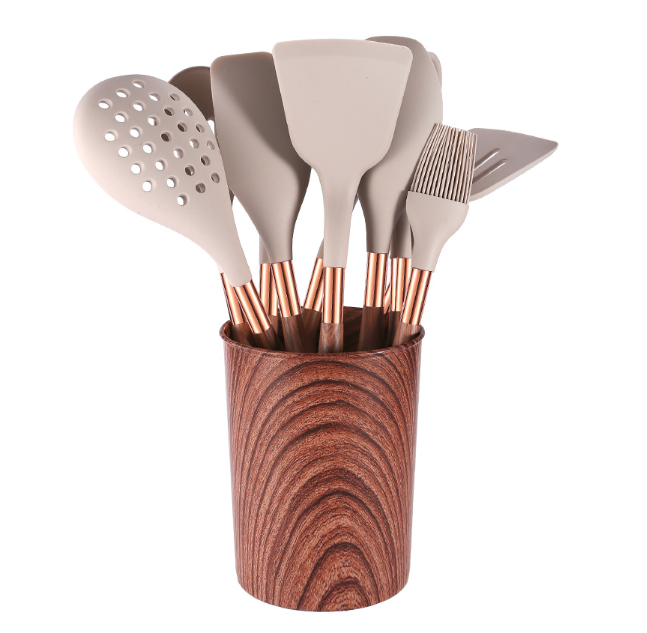 10-Piece Kitchen Silicone Utensil Set with Wooden Handles