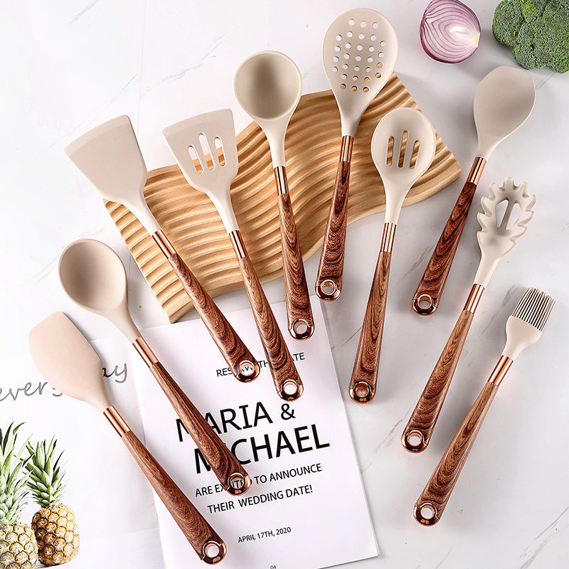 10-Piece Kitchen Silicone Utensil Set with Wooden Handles