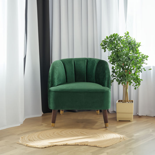 Velvet Barrel Accent Chair with Wooden Legs – Emerald