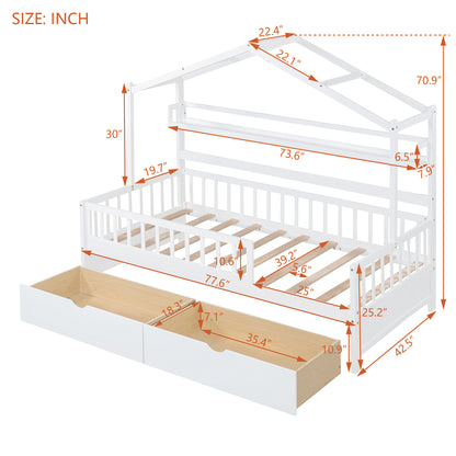 Wooden Twin Size House Bed with Storage Drawers & Shelf - White