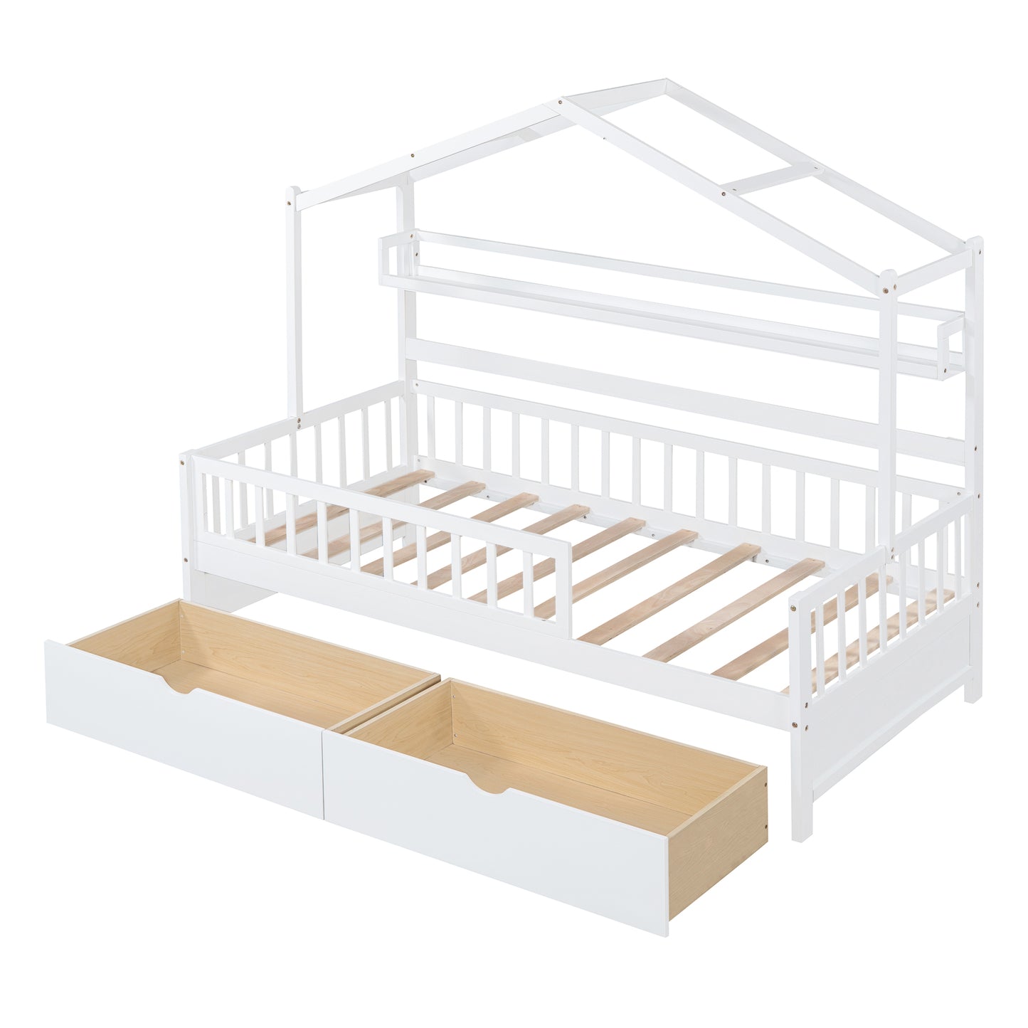 Wooden Twin Size House Bed with Storage Drawers & Shelf - White