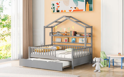 Wooden Full Size House Bed with Twin Size Trundle & Shelf - Gray