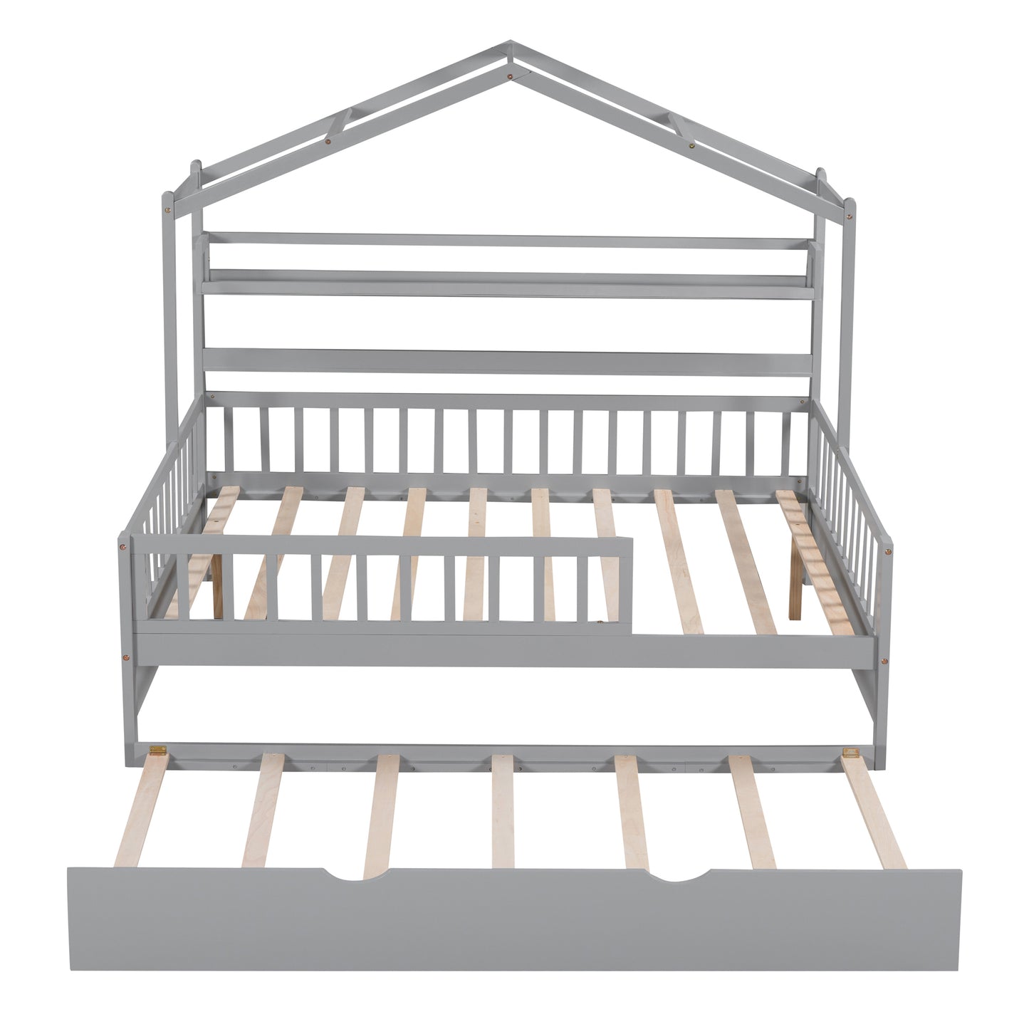 Wooden Full Size House Bed with Twin Size Trundle & Shelf - Gray