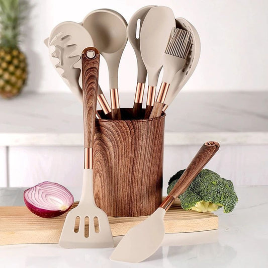 10-Piece Kitchen Silicone Utensil Set with Wooden Handles