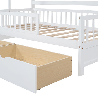 Wooden Twin Size House Bed with Storage Drawers & Shelf - White