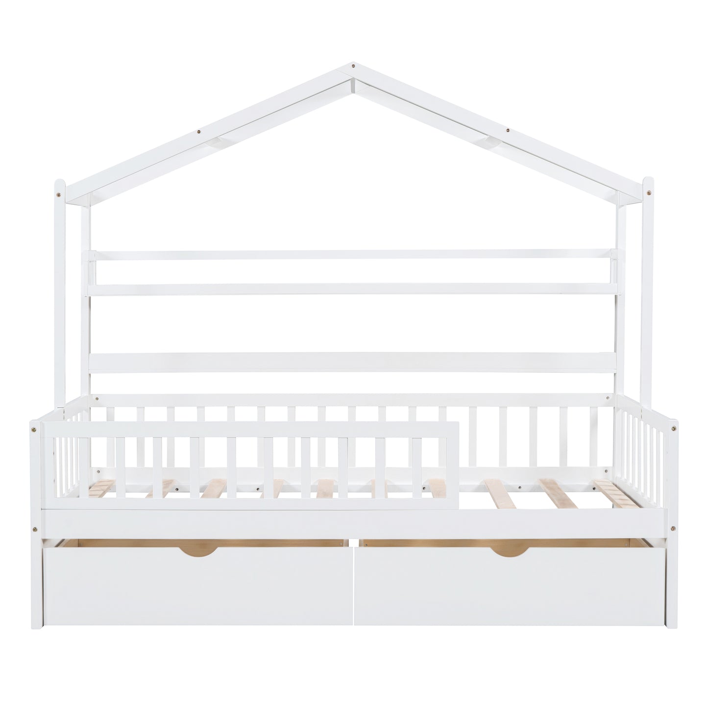 Wooden Twin Size House Bed with Storage Drawers & Shelf - White