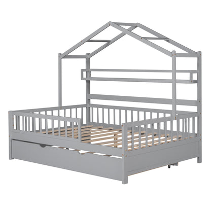 Wooden Full Size House Bed with Twin Size Trundle & Shelf - Gray