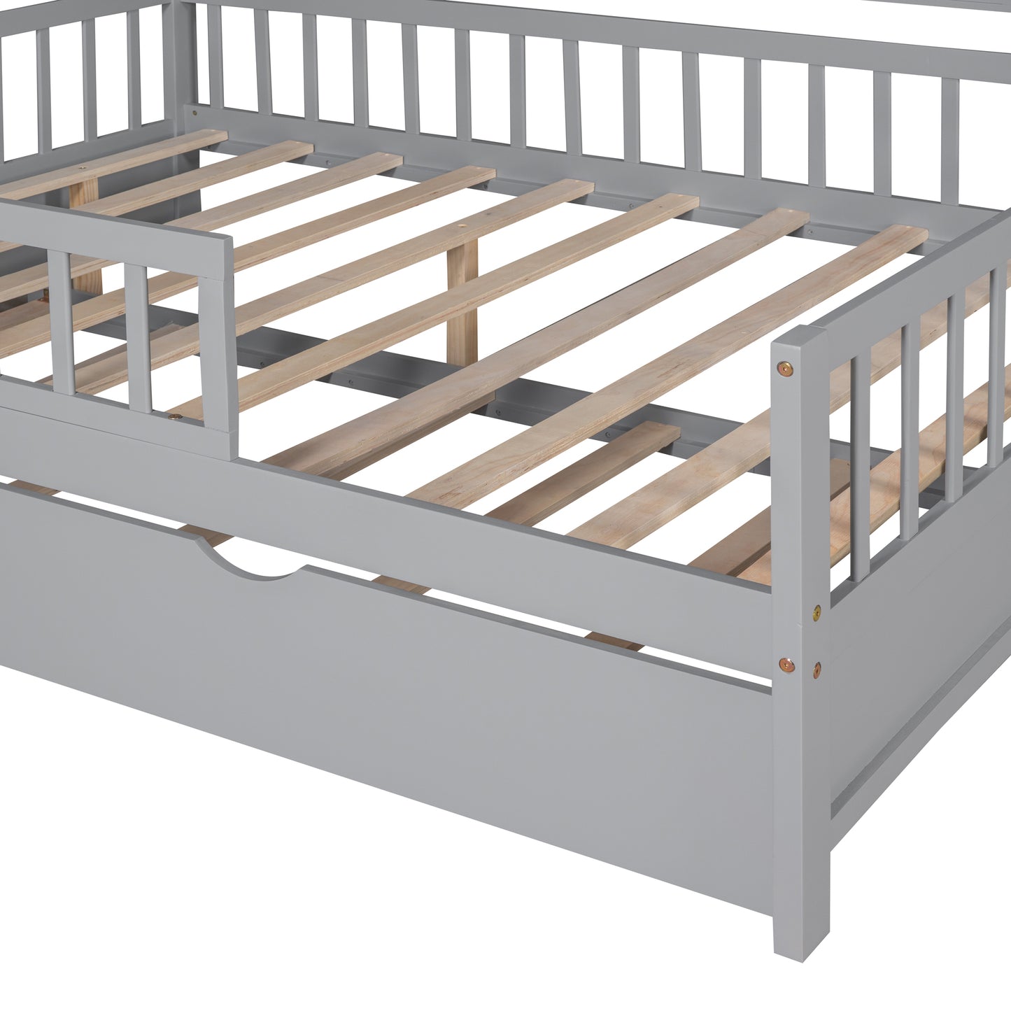 Wooden Full Size House Bed with Twin Size Trundle & Shelf - Gray