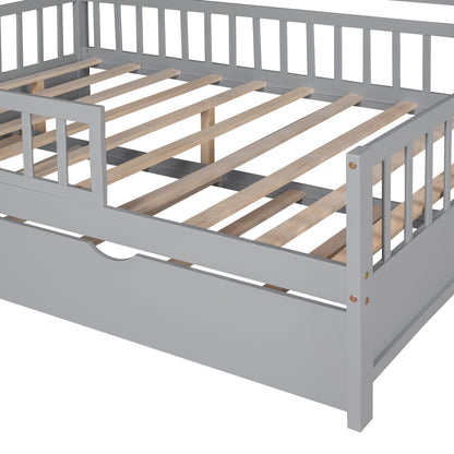 Wooden Full Size House Bed with Twin Size Trundle & Shelf - Gray