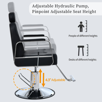 Reclining Hydraulic Barber Chair, 360° Swivel - Black