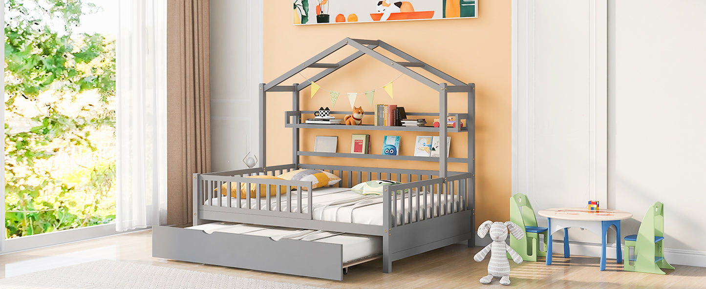 Wooden Full Size House Bed with Twin Size Trundle & Shelf - Gray