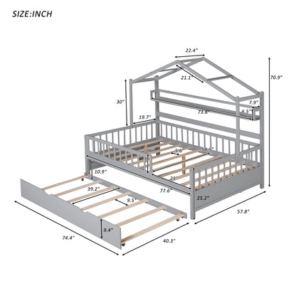 Wooden Full Size House Bed with Twin Size Trundle & Shelf - Gray