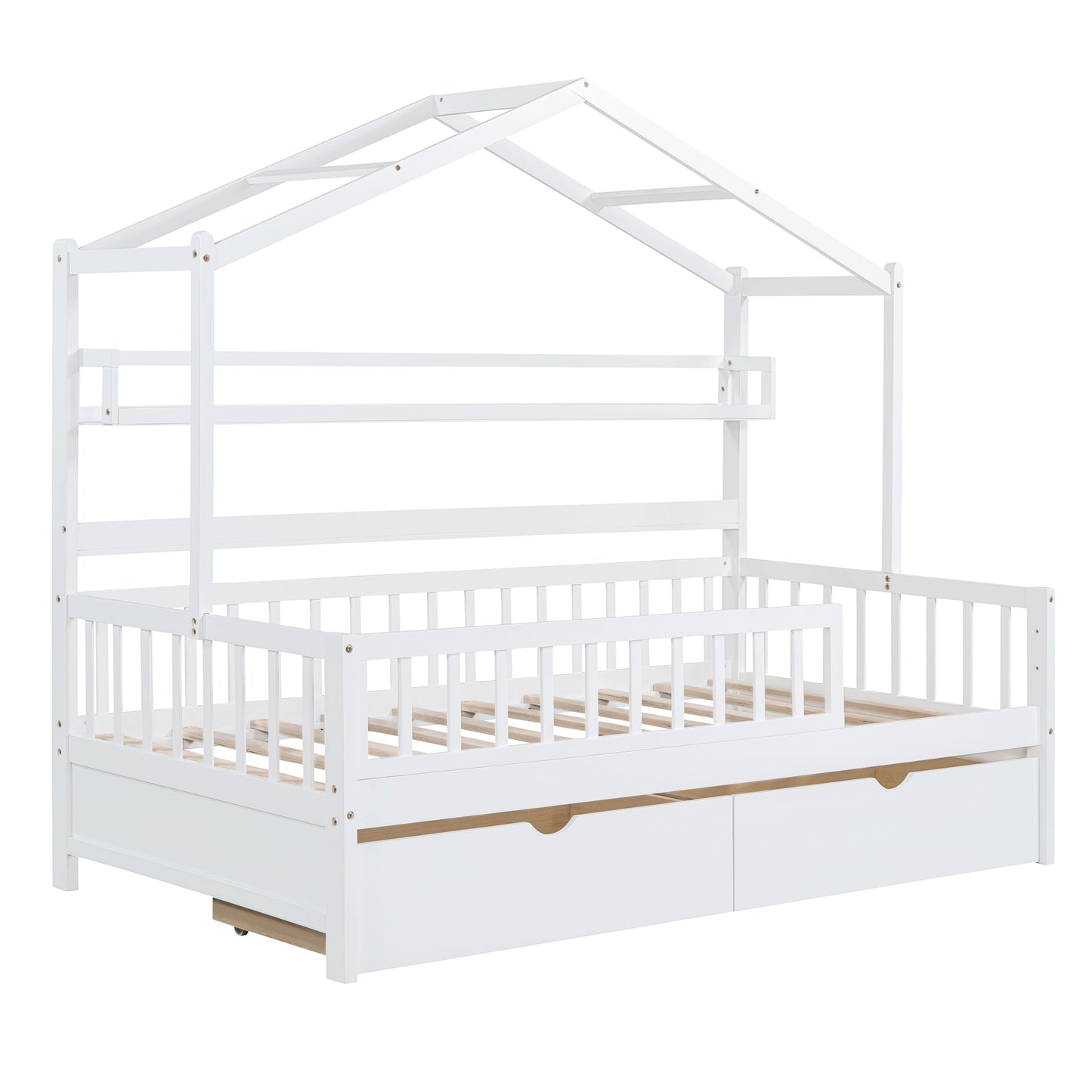 Wooden Twin Size House Bed with Storage Drawers & Shelf - White