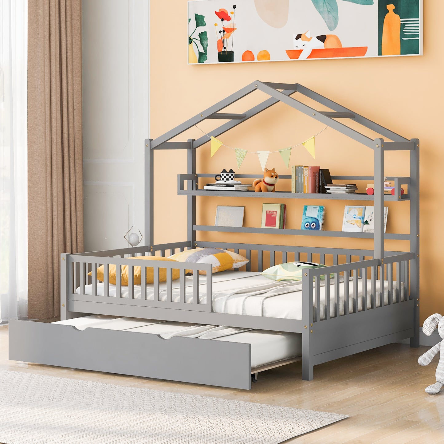 Wooden Full Size House Bed with Twin Size Trundle & Shelf - Gray